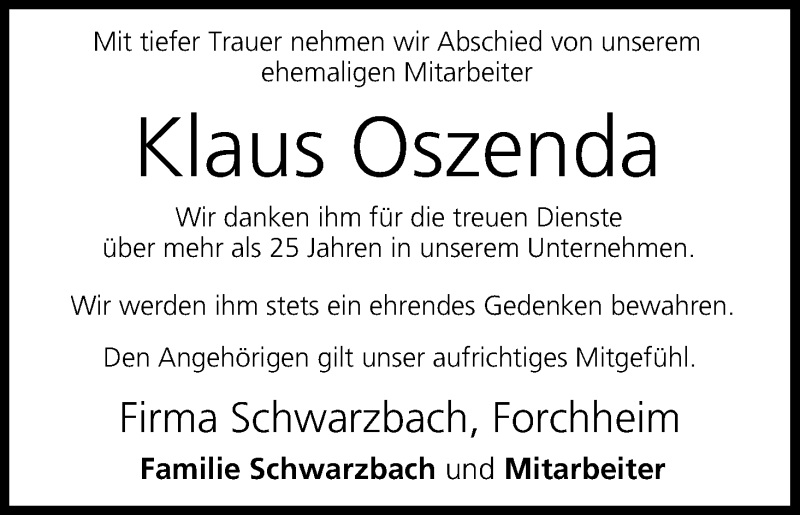  Traueranzeige für Klaus Oszenda vom 22.08.2014 aus MGO