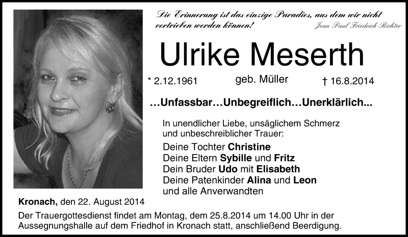  Traueranzeige für Ulrike Meserth vom 22.08.2014 aus MGO