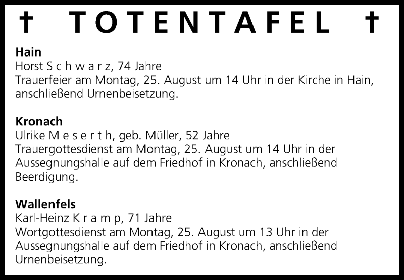  Traueranzeige für Totentafel vom 23.08.2014 vom 23.08.2014 aus MGO