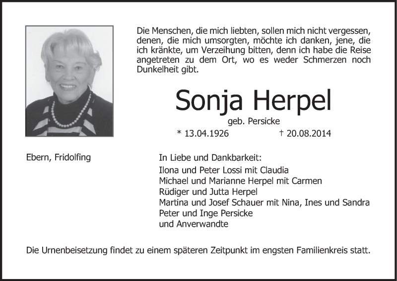  Traueranzeige für Sonja Herpel vom 23.08.2014 aus MGO