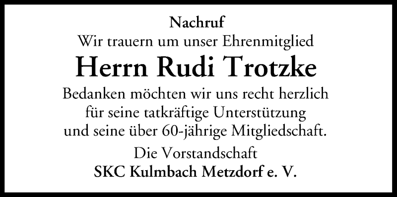  Traueranzeige für Rudi Trotzke vom 23.08.2014 aus MGO