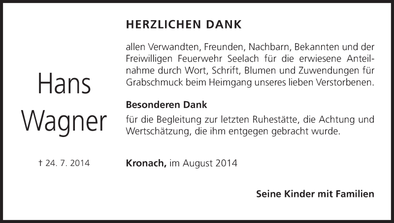  Traueranzeige für Hnas Wagner vom 23.08.2014 aus MGO