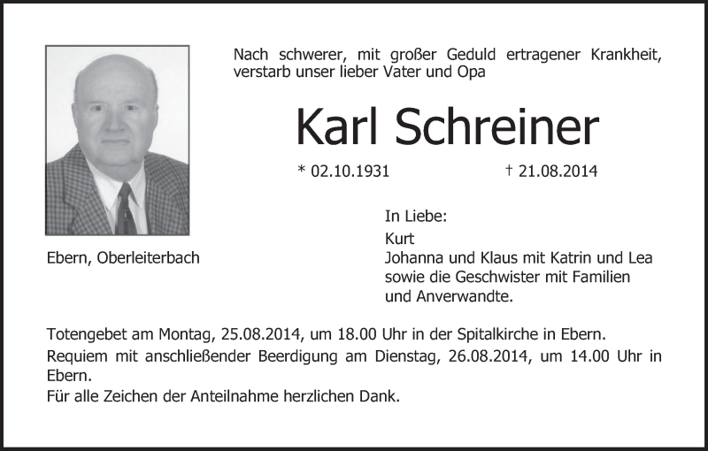  Traueranzeige für Karl Schreiner vom 23.08.2014 aus MGO
