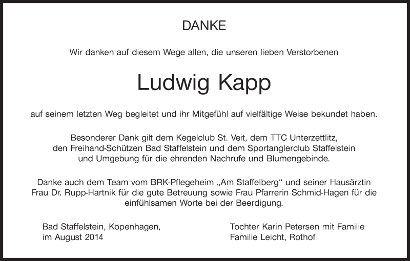  Traueranzeige für Ludwig Kapp vom 23.08.2014 aus MGO