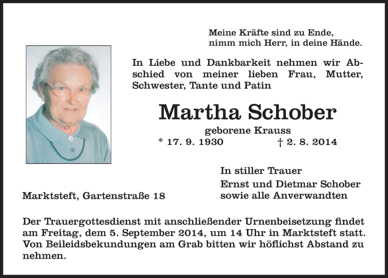 Traueranzeige für Martha Schober vom 03.09.2014 aus MGO