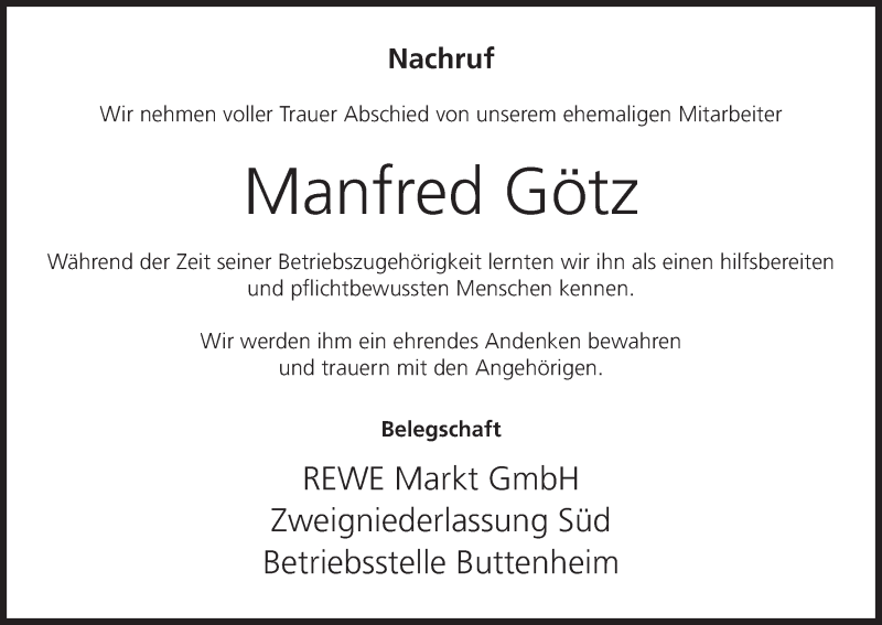  Traueranzeige für Manfred Götz vom 23.08.2014 aus MGO