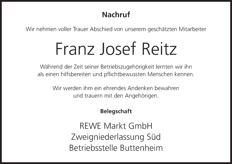  Traueranzeige für Franz-Josef Reitz vom 28.08.2014 aus MGO