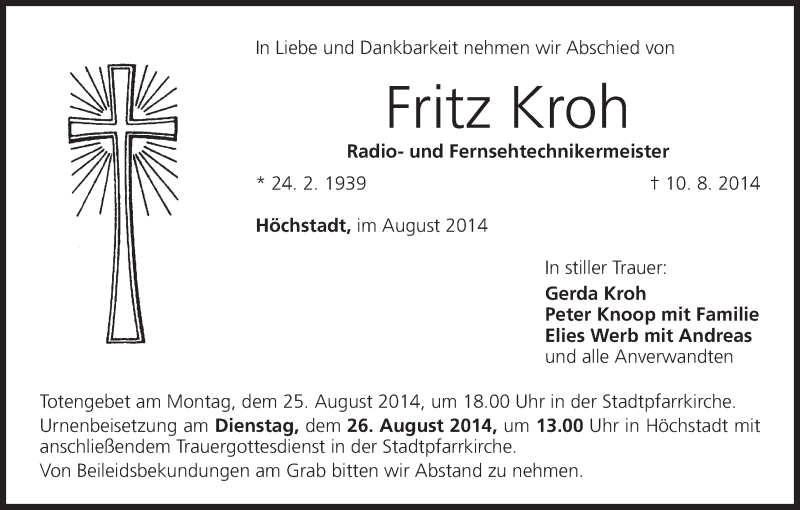  Traueranzeige für Fritz Kroh vom 23.08.2014 aus MGO