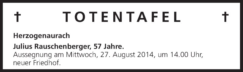  Traueranzeige für Totentafel, vom 25.08.2014 vom 25.08.2014 aus MGO