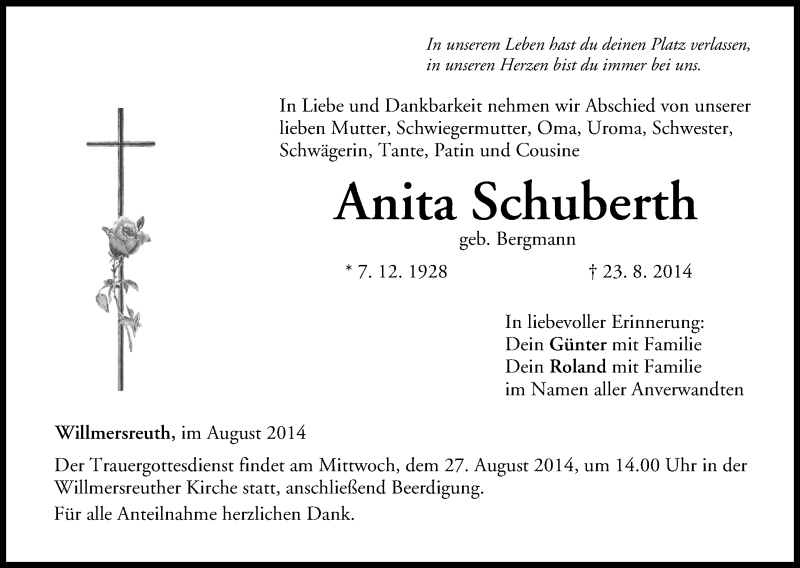  Traueranzeige für Anita Schuberth vom 26.08.2014 aus MGO
