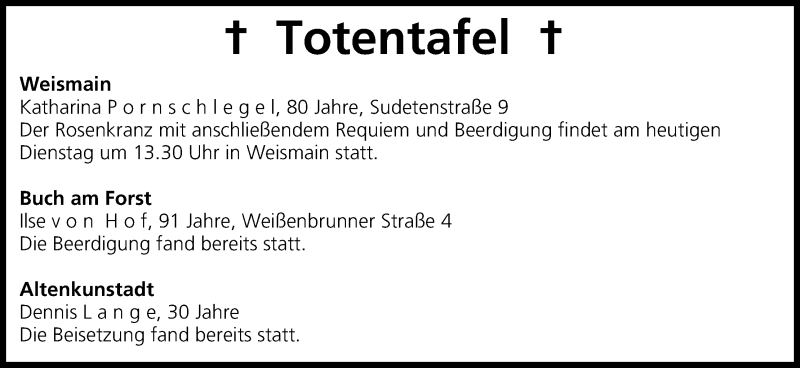  Traueranzeige für Totentafel, vom 26.08.2014 vom 26.08.2014 aus MGO