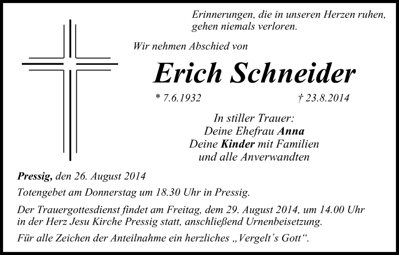  Traueranzeige für Erich Schneider vom 26.08.2014 aus MGO