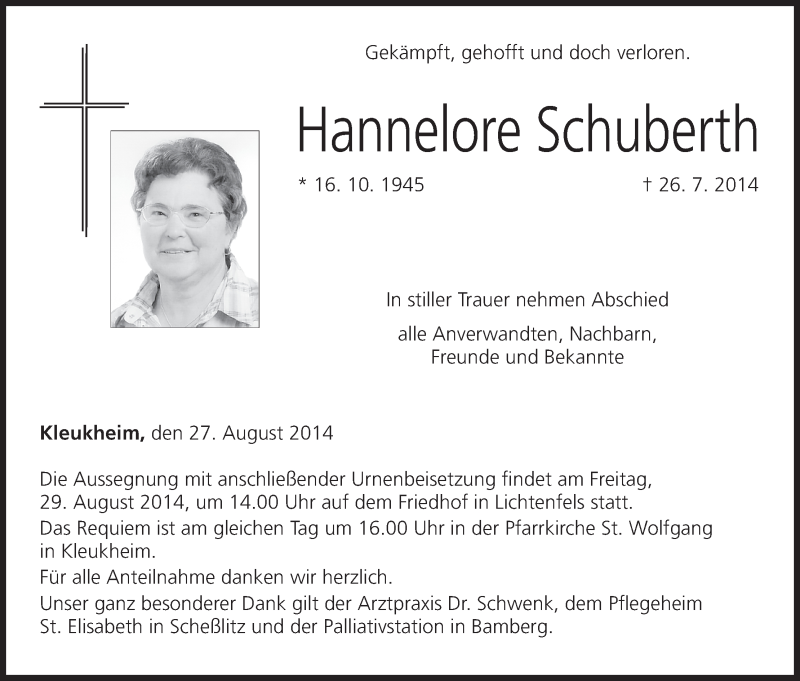  Traueranzeige für Hannelore Schuberth vom 27.08.2014 aus MGO