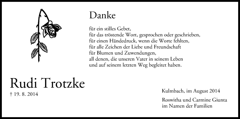  Traueranzeige für Rudi Trotzke vom 30.08.2014 aus MGO