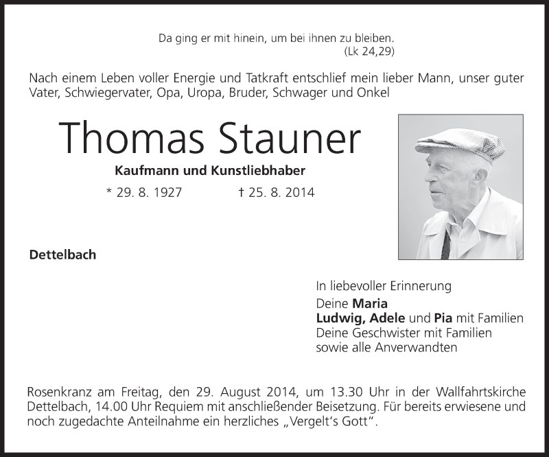  Traueranzeige für Thomas Stauner vom 27.08.2014 aus MGO