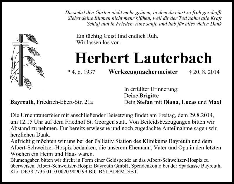  Traueranzeige für Herbert Lauterbach vom 27.08.2014 aus MGO