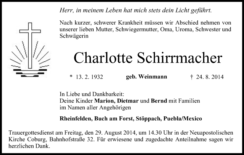  Traueranzeige für Charlotte Schirrmacher vom 27.08.2014 aus MGO