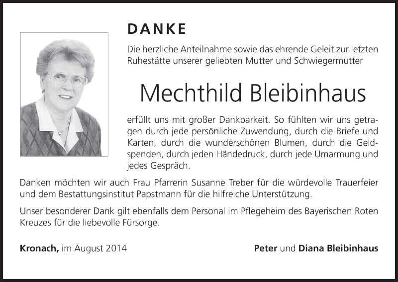 Traueranzeige für Mechthild Bleibinhaus vom 27.08.2014 aus MGO
