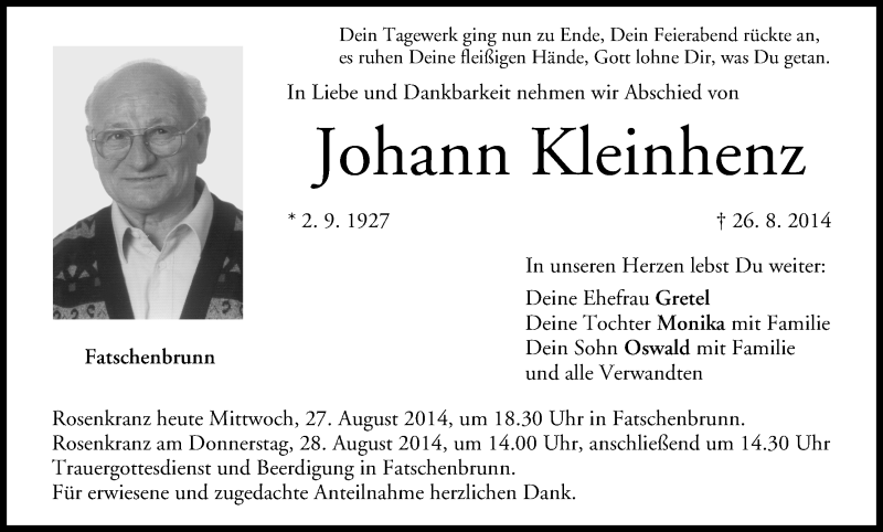 Traueranzeige für Johann Kleinhenz vom 27.08.2014 aus MGO