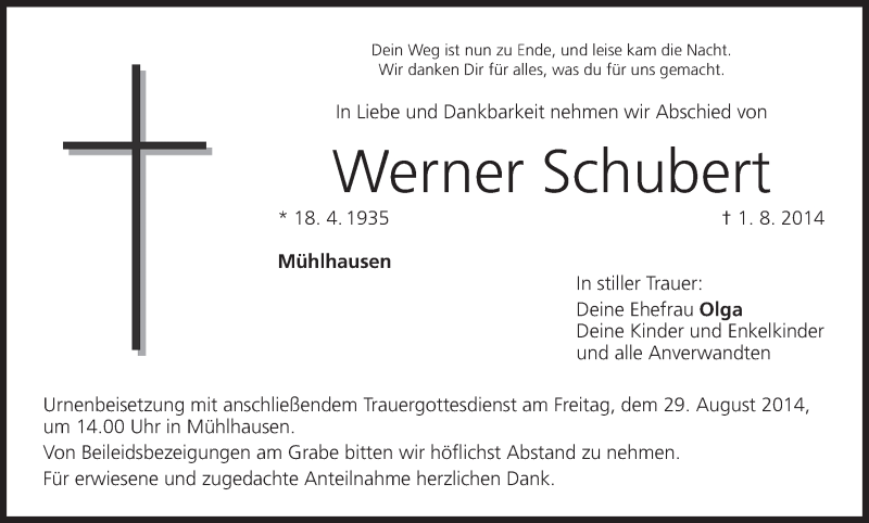 Traueranzeige für Werner Schubert vom 27.08.2014 aus MGO