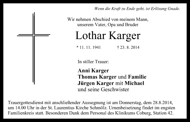  Traueranzeige für Lothar Karger vom 27.08.2014 aus MGO