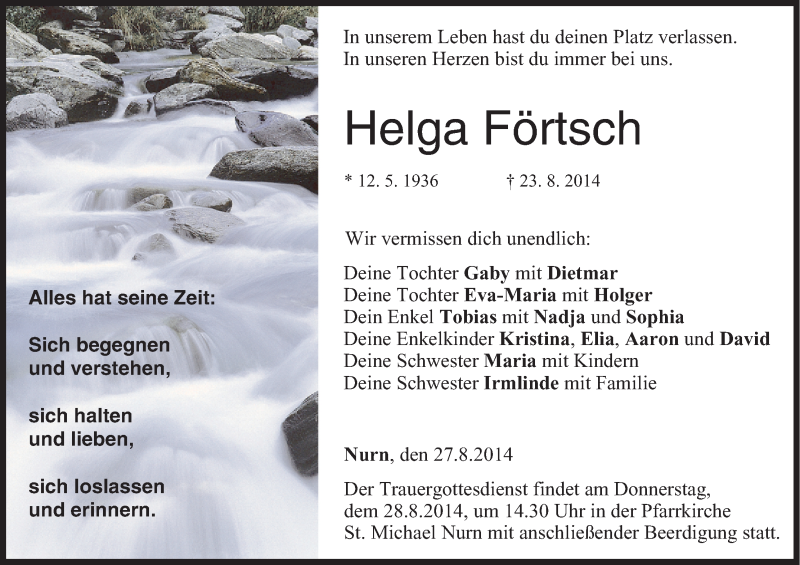  Traueranzeige für Helga Förtsch vom 27.08.2014 aus MGO