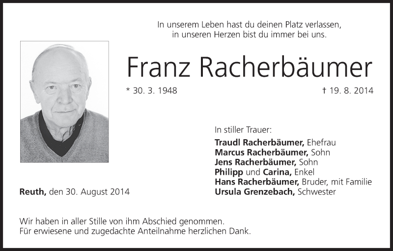  Traueranzeige für Franz Racherbäumer vom 30.08.2014 aus MGO