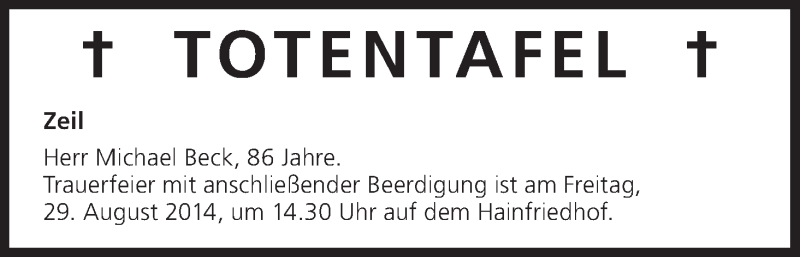  Traueranzeige für Totentafel vom 28.08.2014 vom 28.08.2014 aus MGO