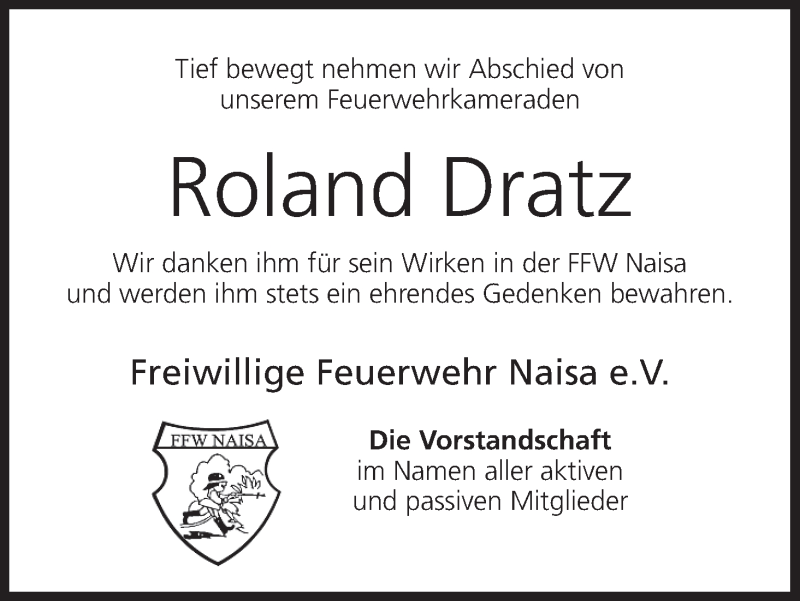  Traueranzeige für Roland Dratz vom 29.08.2014 aus MGO
