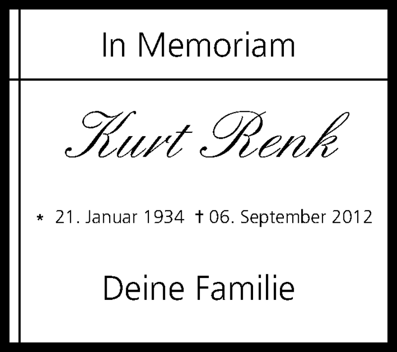  Traueranzeige für Kurt Renk vom 06.09.2014 aus MGO