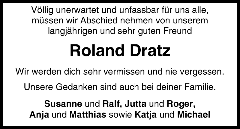  Traueranzeige für Roland Dratz vom 29.08.2014 aus MGO