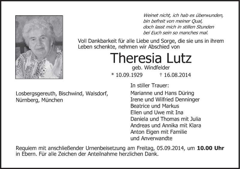  Traueranzeige für Theresia Lutz vom 02.09.2014 aus MGO