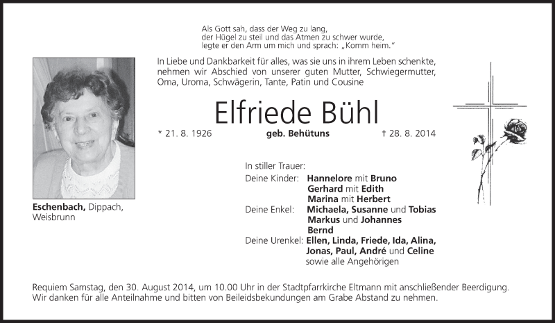  Traueranzeige für Elfriede Bühl vom 29.08.2014 aus MGO