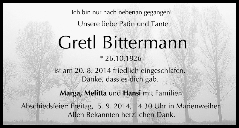  Traueranzeige für Gret Bittermann vom 30.08.2014 aus MGO