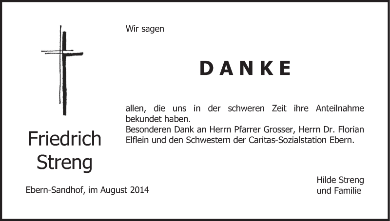  Traueranzeige für Friedrich Streng vom 30.08.2014 aus MGO