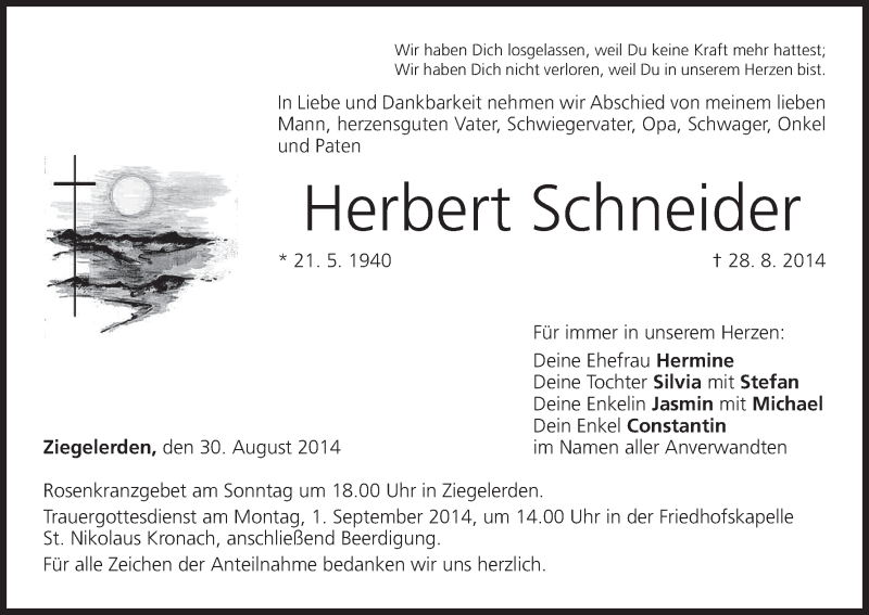  Traueranzeige für Herbert Schneider vom 30.08.2014 aus MGO