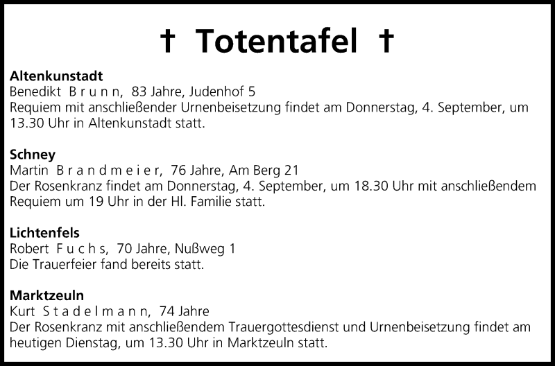  Traueranzeige für Totentafel 02.09.2014 vom 02.09.2014 aus MGO