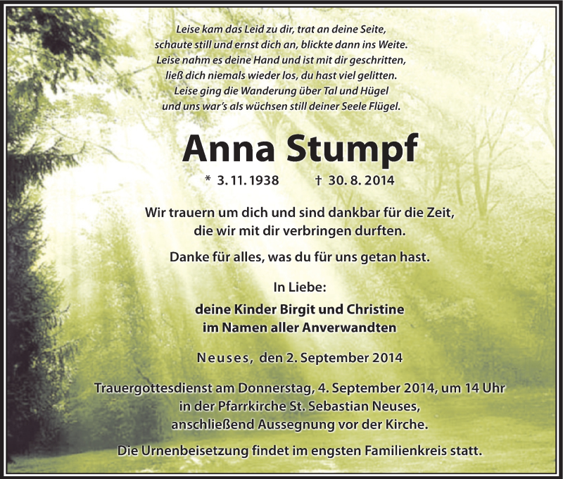  Traueranzeige für Anna Stumpf vom 02.09.2014 aus MGO