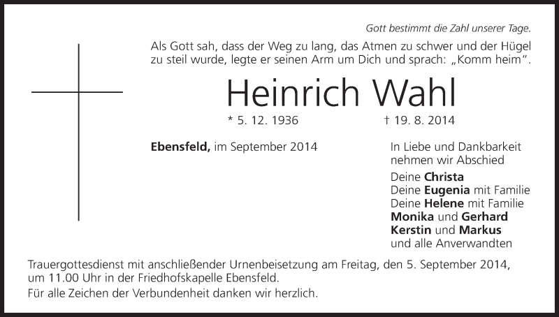  Traueranzeige für Heinrich Wahl vom 03.09.2014 aus MGO