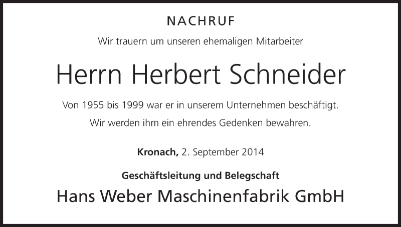  Traueranzeige für Herbert Schneider vom 02.09.2014 aus MGO