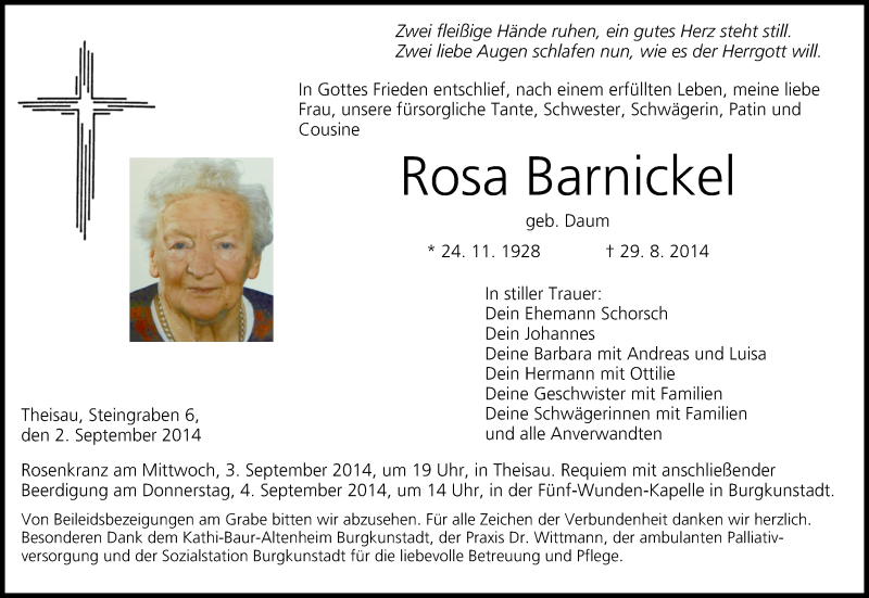  Traueranzeige für Rosa Barnickel vom 02.09.2014 aus MGO