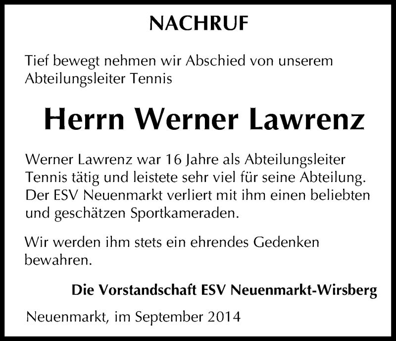  Traueranzeige für Werner Lawrenz vom 02.09.2014 aus MGO