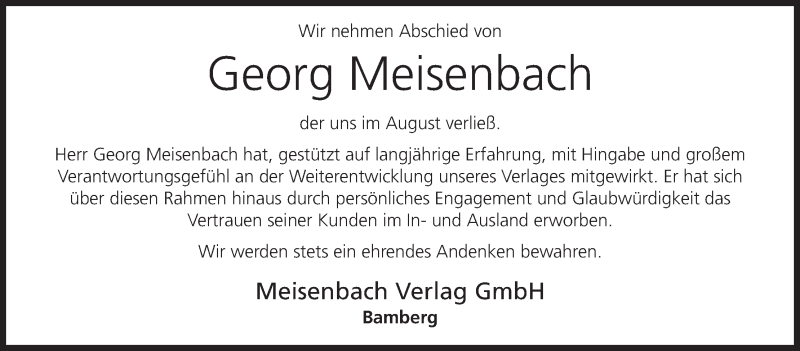  Traueranzeige für Georg Meisenbach vom 02.09.2014 aus MGO