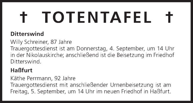  Traueranzeige für Totentafel vom 03.09.2014 vom 03.09.2014 aus MGO