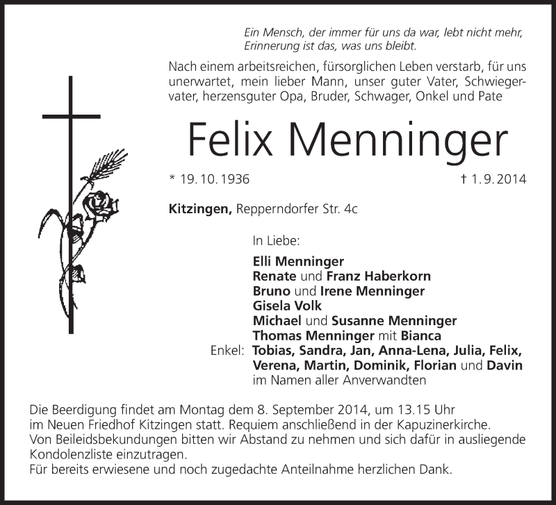  Traueranzeige für Felix Menninger vom 06.09.2014 aus MGO