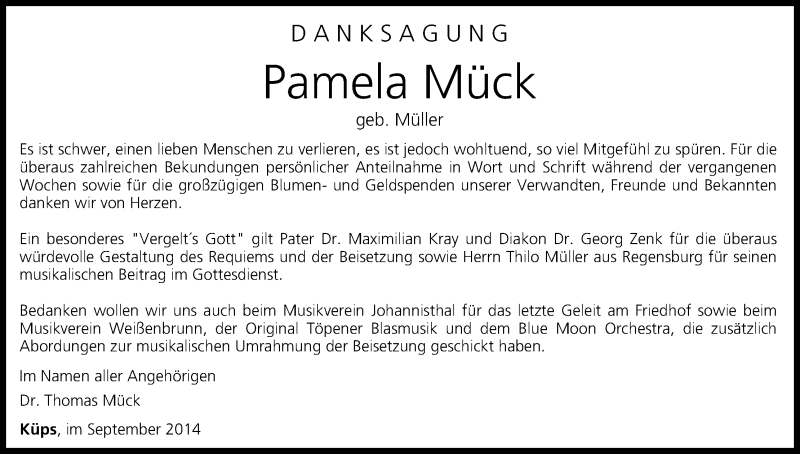  Traueranzeige für Pamela Mück vom 05.09.2014 aus MGO