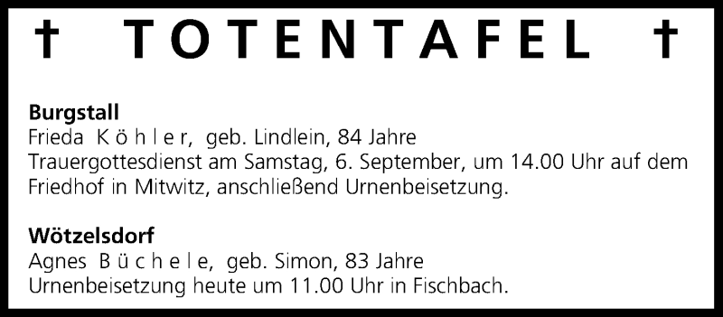  Traueranzeige für Totentafel, vom 04.09.2014 vom 04.09.2014 aus MGO