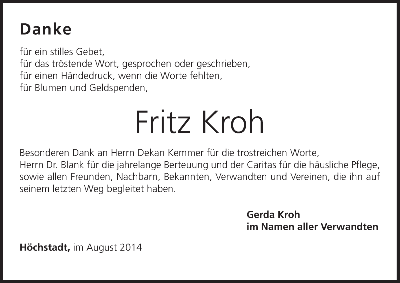  Traueranzeige für Fritz Kroh vom 06.09.2014 aus MGO