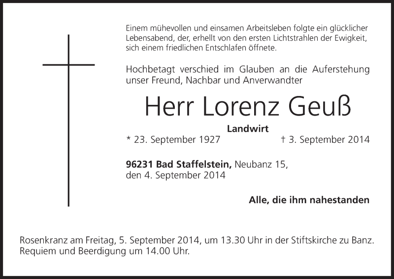  Traueranzeige für Lorenz Geuß vom 04.09.2014 aus MGO