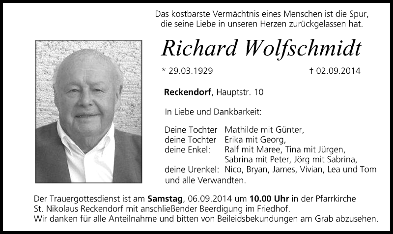  Traueranzeige für Richard Wolfschmidt vom 05.09.2014 aus MGO